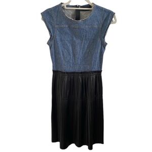 DEREK LAM DENIM AND PLEATHER PLEATED MIDI DRESS